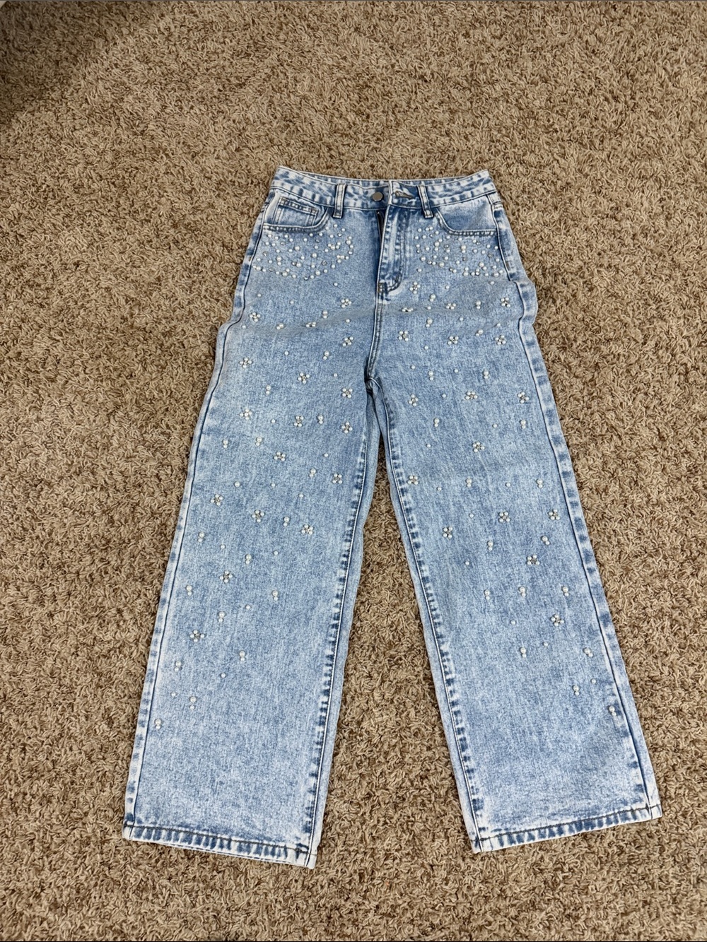 Embellished Light Blue Wide-Leg Jeans